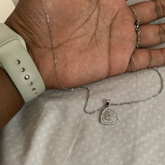 Pave White Gold Plated Triangle Necklace on 18” Silver Chain - Picture 2 of 4